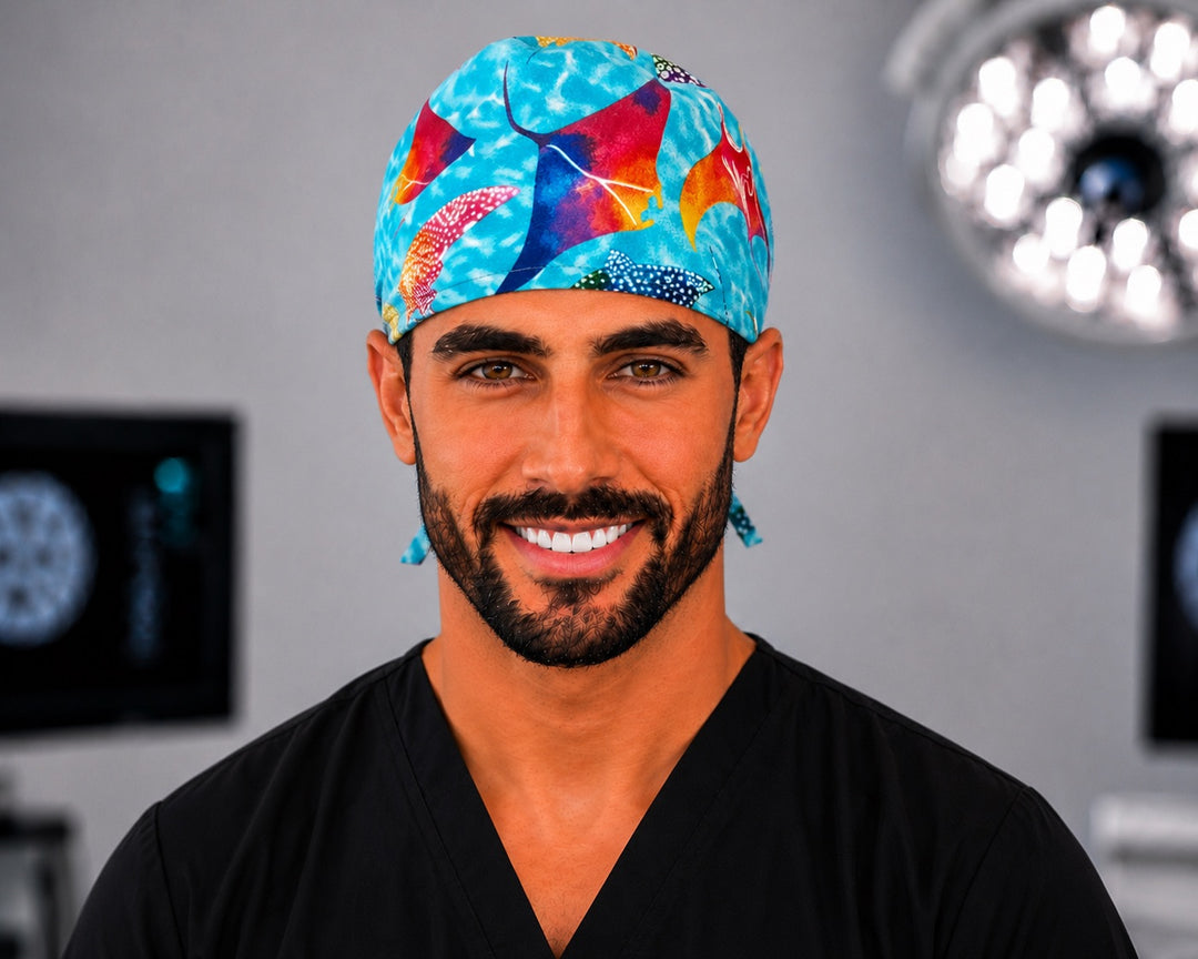 Man in colorful ocean sea life scrub cap, manta ray nurse and vet tech surgical cap, straight front view