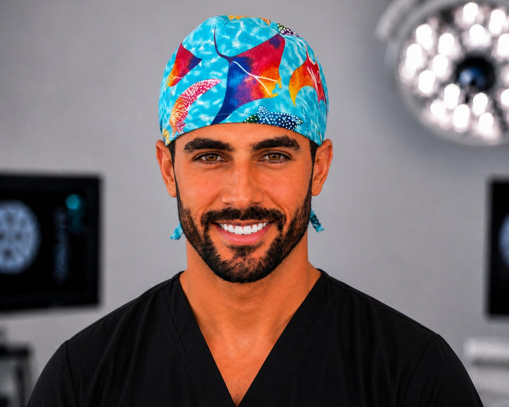 Man in colorful ocean sea life scrub cap, manta ray nurse and vet tech surgical cap, straight front view