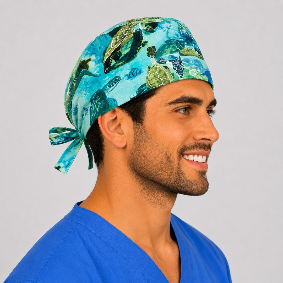 Ocean sea turtle surgical cap angled view — marine life tie-back scrub cap for men, coastal nurse gift, one size fits most