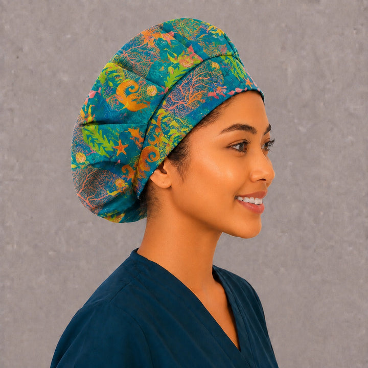Ocean seahorse bouffant scrub cap, right side profile — deep gathered fit that secures long thick or braided hair