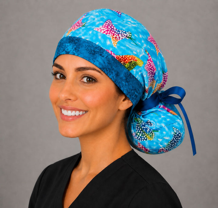 Ocean stingray ponytail nurse cap right three-quarter angle on smiling model showing colorful manta rays, blue water and navy grosgrain ribbon bow