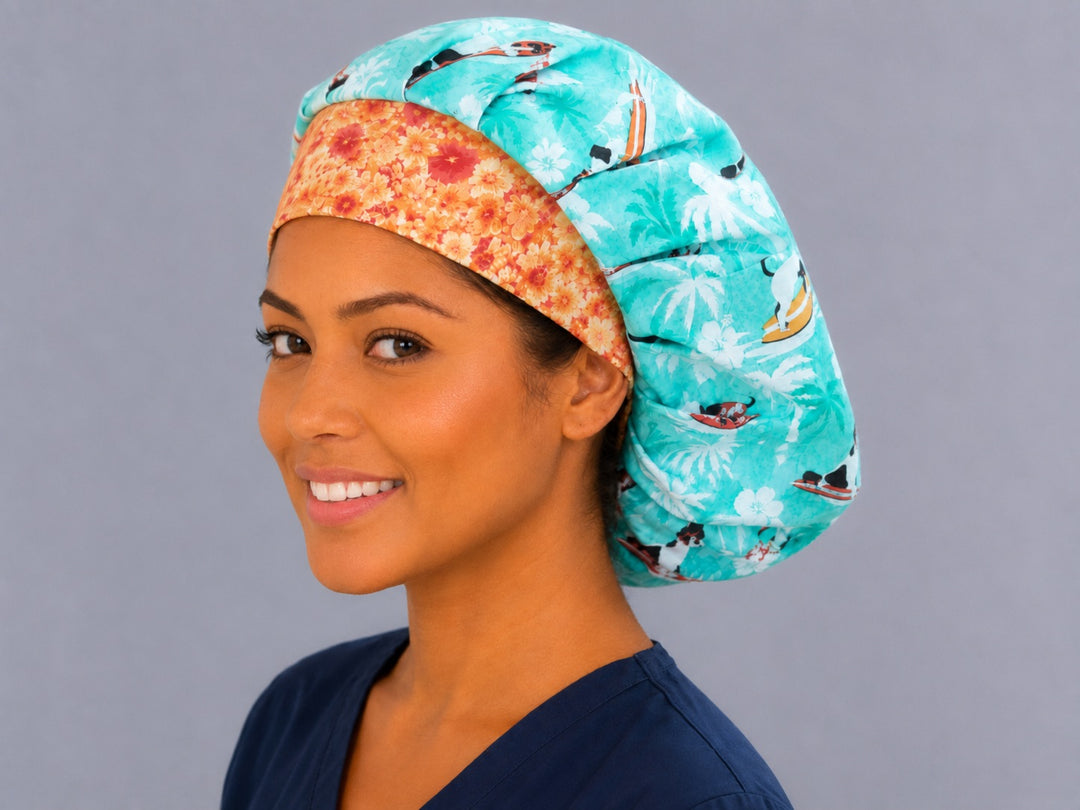Ocean waves dog bouffant cap for women, opposite side smiling view — handmade beach dog print surgical cap, USA made
