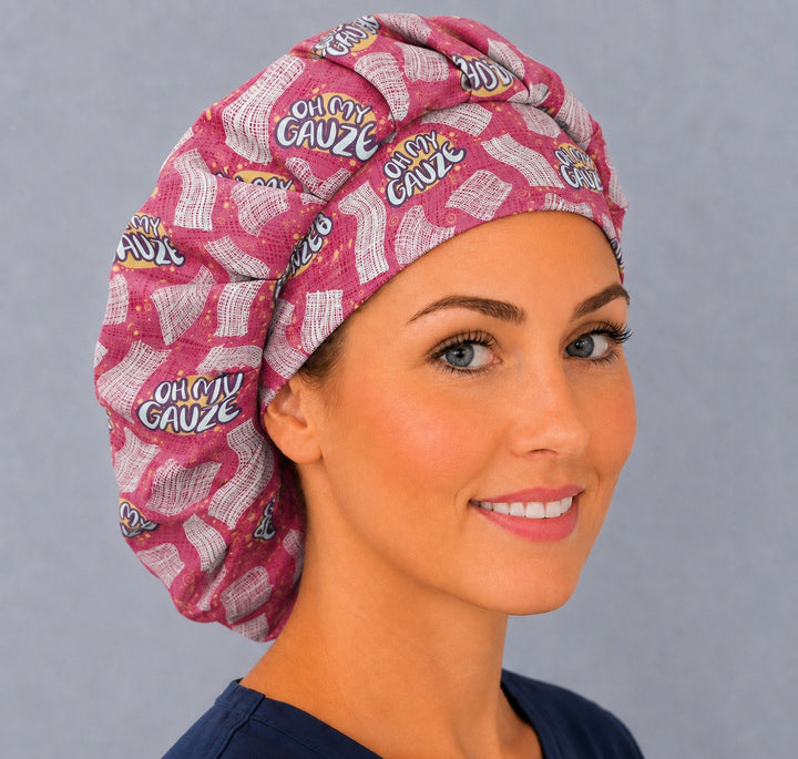 Oh My Gauze bouffant surgical cap, right angled view — bold pink humor print for OR nurses and surgical techs