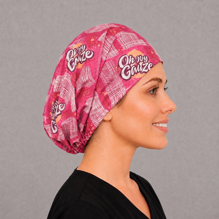 Oh My Gauze Euro cap for women, left side profile — handmade funny nurse surgical cap, USA made