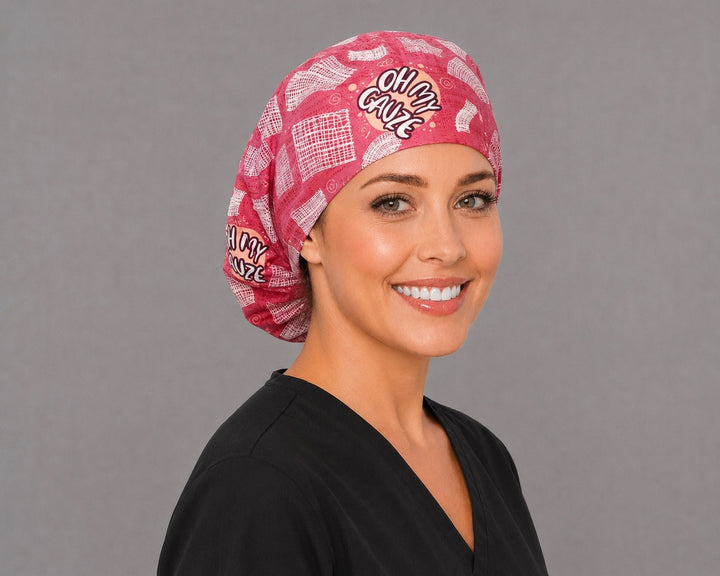 Back view of the Oh My Gauze Euro scrub cap — full pink coverage showing gauze squares and lettering across the crown