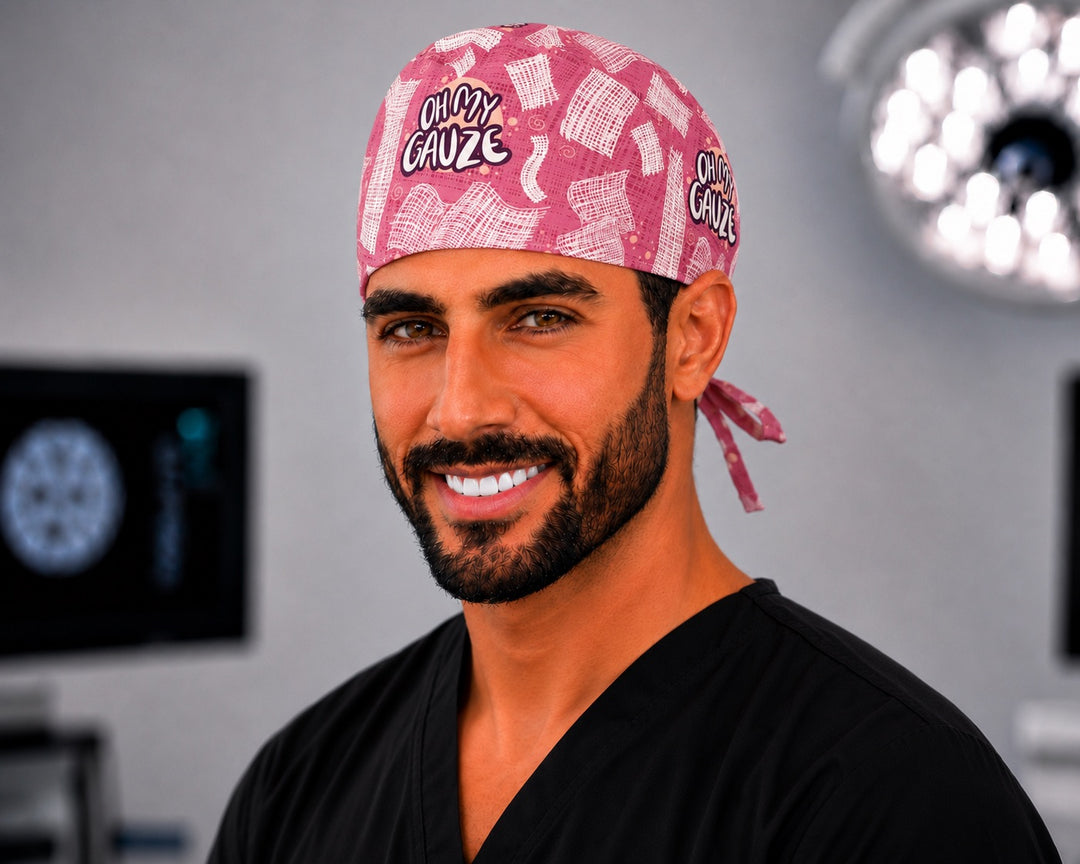 Male OR nurse wearing OR World Oh My Gauze funny tieback scrub cap for men, pink medical humor surgical hat, front view