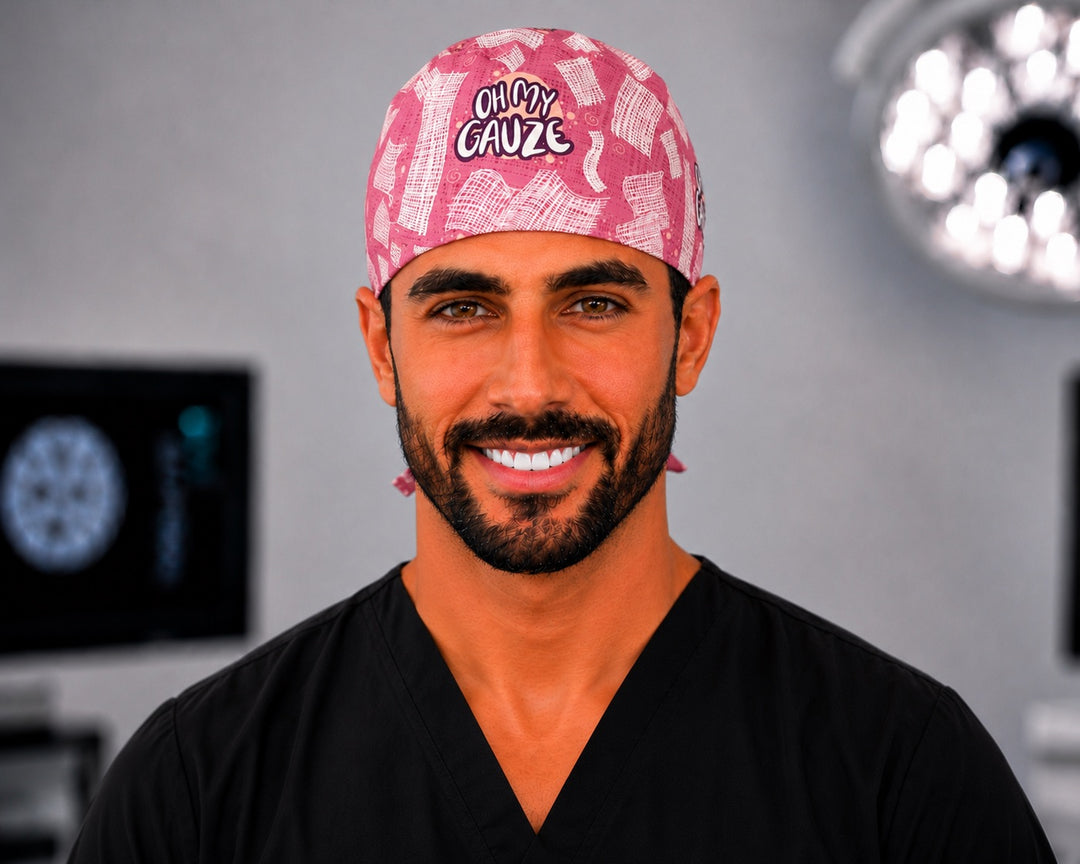 Man in Oh My Gauze medical humor scrub cap for men, funny nurse surgical hat, straight front view