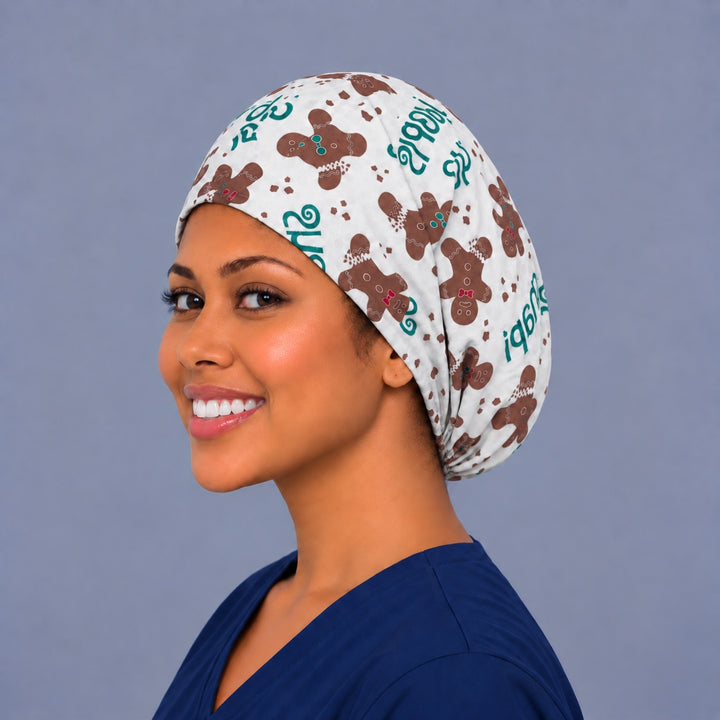 Oh Snap Euro scrub cap, left angled smiling view — gingerbread cookie print for OR nurses and surgical techs