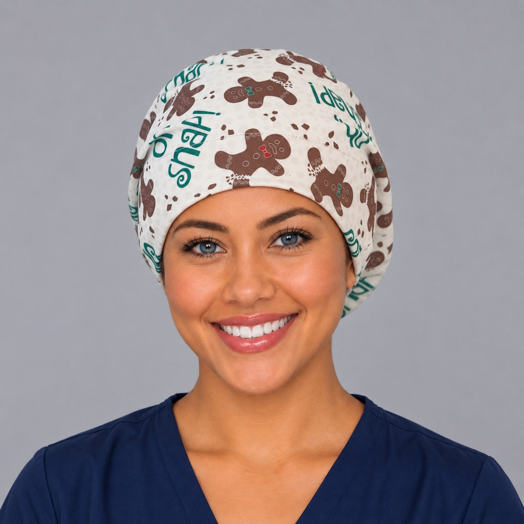 Woman wearing an Oh Snap gingerbread Euro scrub cap, front view — funny gingerbread men on cream, adjustable Christmas surgical hat