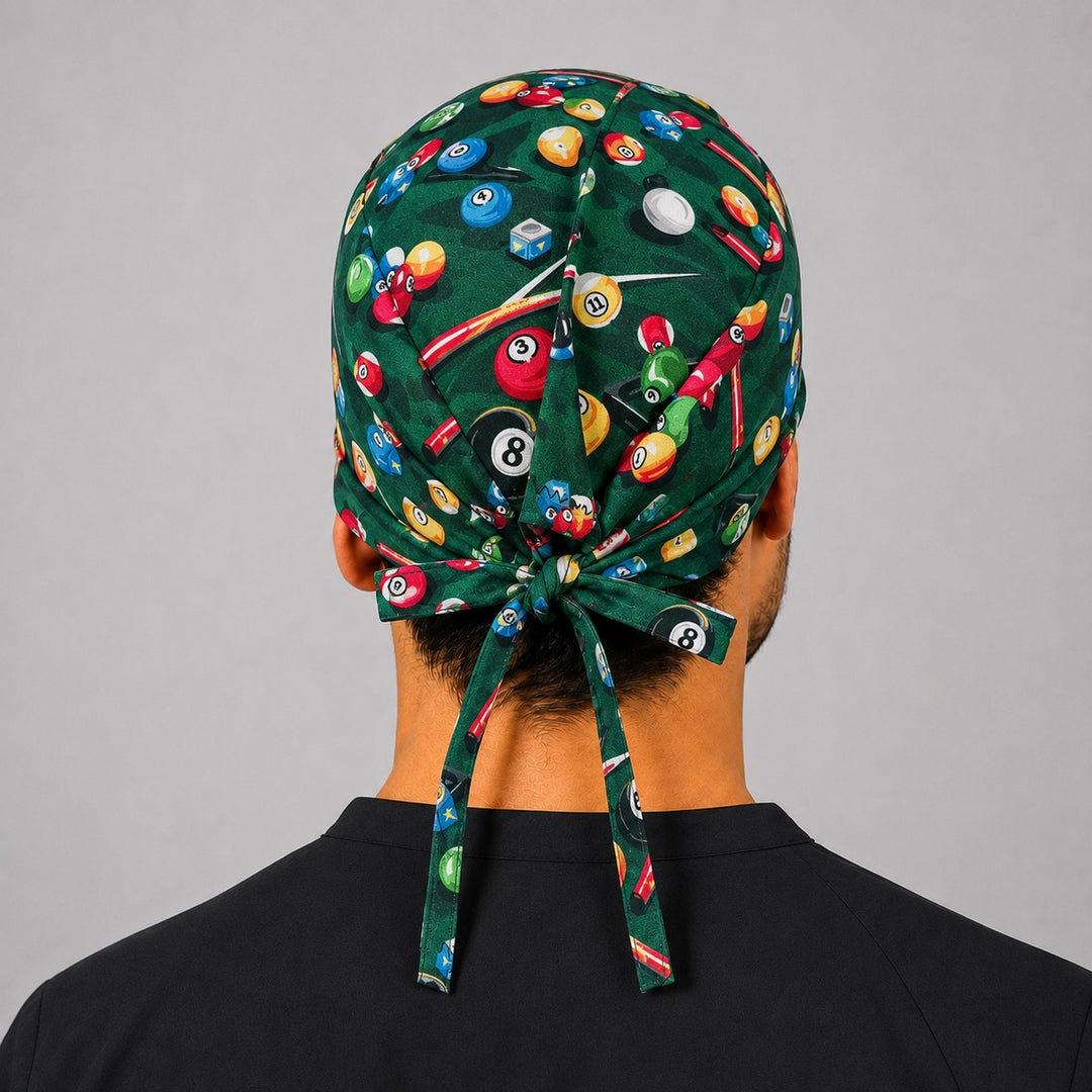 OR nurse and surg tech pool-table print adjustable tieback surgical cap, back view showing tied bow