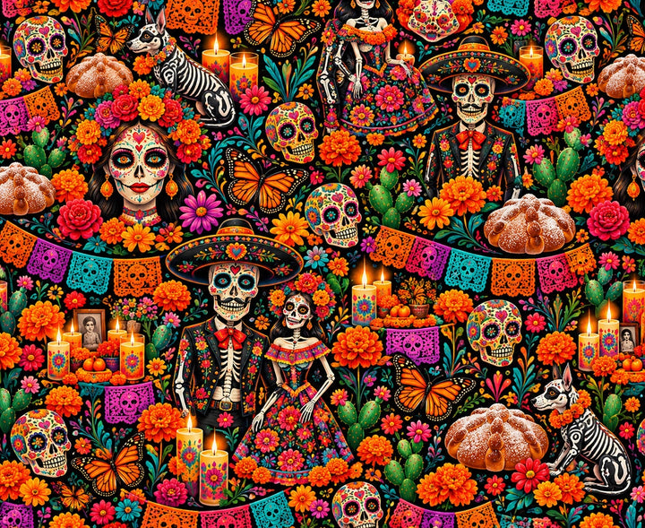 Fabric close-up of the OR World original Day of the Dead print used on the Euro scrub cap, with calaveritas de azúcar, veladoras, pan de muerto and cempasúchil