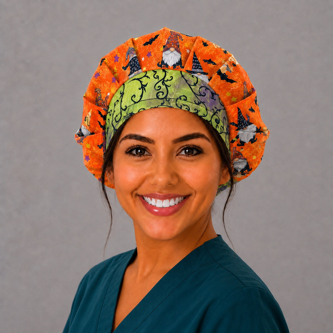Orange bat and gnome bouffant surgical cap, left side view — full roomy fit for OR nurses, surgical techs and vet techs