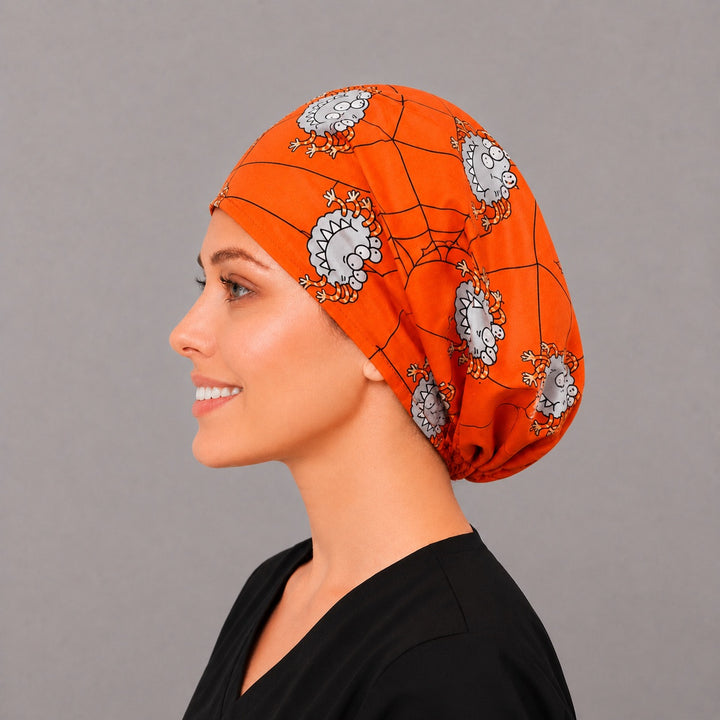 Orange spiderweb Euro scrub cap, right side profile — fall Halloween print for OR nurses and pediatric teams