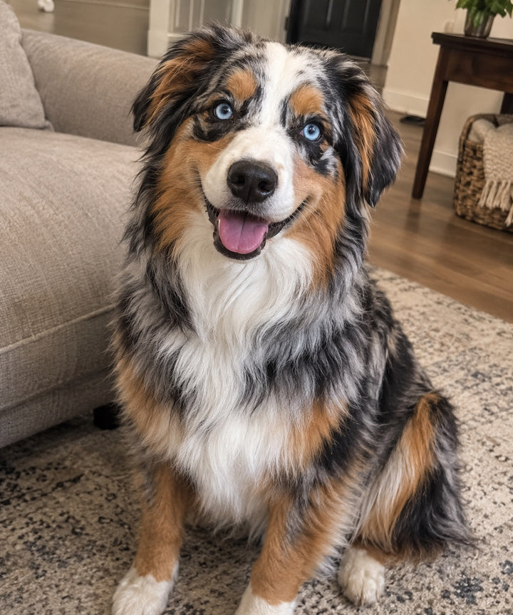 Original blue eyed Aussie pet photo used to create a personalized surgical cap, send any dog, cat or pet photo