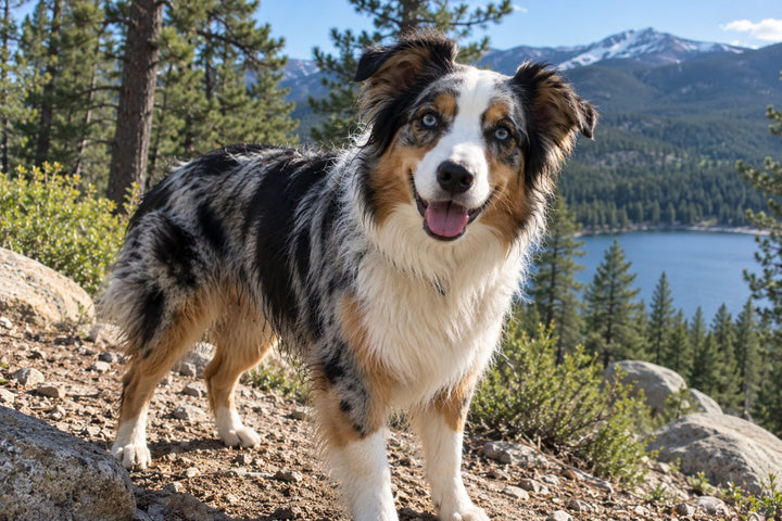 Original blue merle Australian shepherd pet photo submitted for a custom cartoon photo scrub cap, handmade in the USA