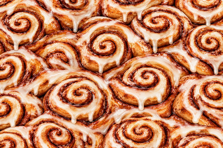 Close up of the original glazed cinnamon roll print cotton fabric designed by OR World