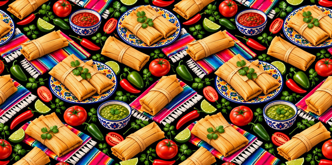 Original OR World Mexican tamale print fabric with salsa roja, salsa verde, Talavera plates and serape stripes on black cotton