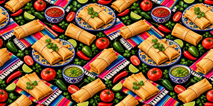 Original OR World Mexican tamale print fabric with salsa roja, salsa verde, Talavera plates and serape stripes on black cotton