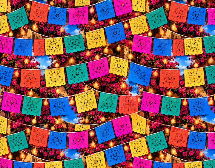 Original photorealistic papel picado fabric with string lights, pink bougainvillea and blue sky, an OR World design