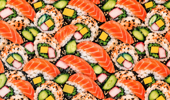 Original OR World photorealistic sushi print fabric with salmon nigiri, maki rolls, cucumber and tamago on cotton