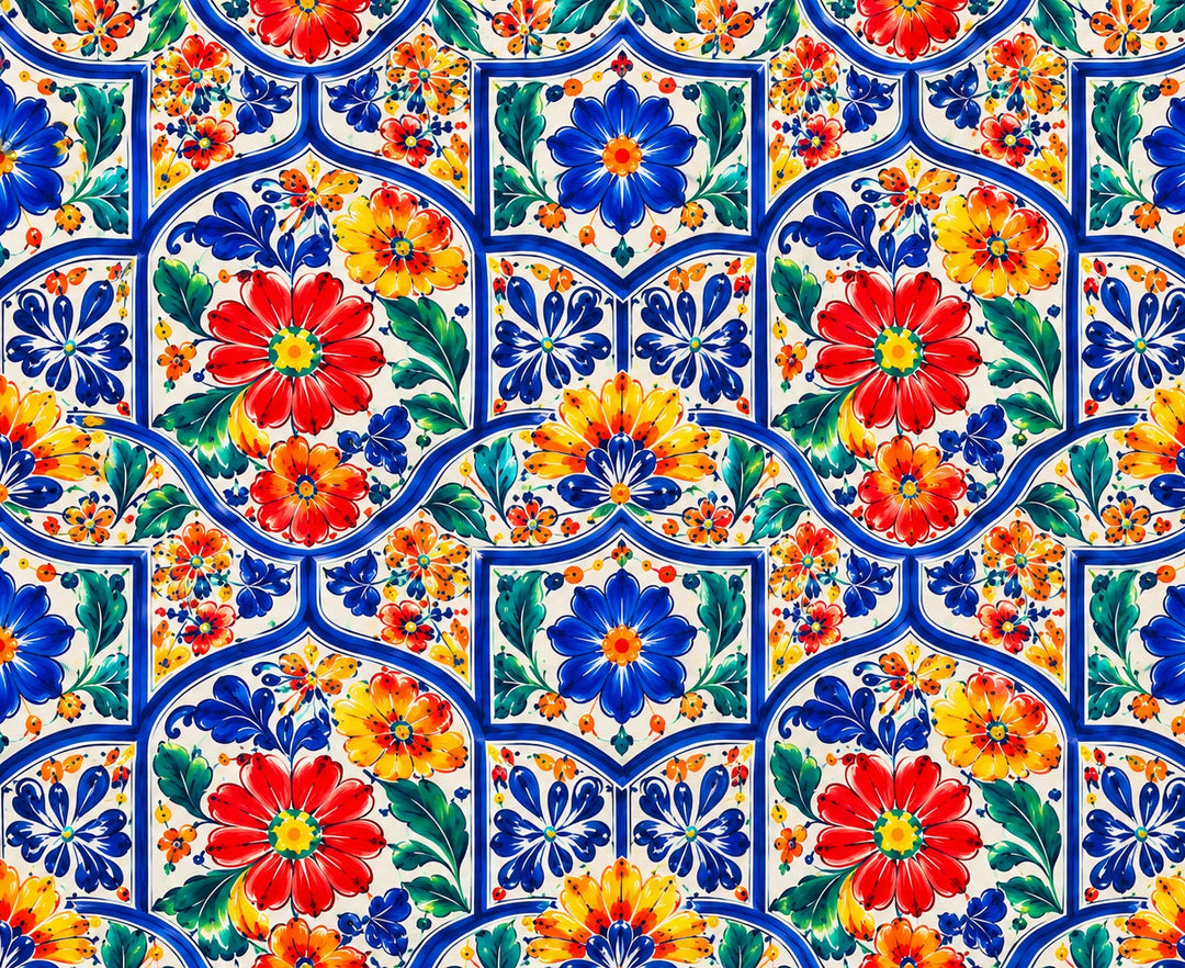 Original OR World Talavera tile print on premium cotton fabric with cobalt blue tiles and red, yellow and blue painted flowers