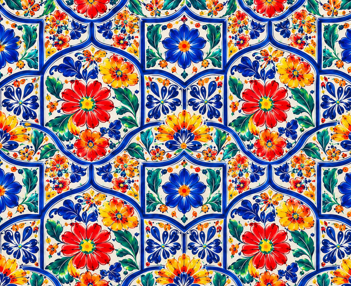 Original OR World Talavera tile print on premium cotton fabric with cobalt blue tiles and red, yellow and blue painted flowers