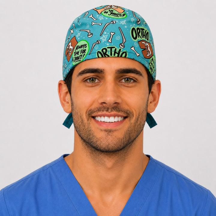 Man wearing a funny orthopedic bone print tie-back scrub cap with We Do Joints and ORTHO puns on teal, front view — OR World surgical hat