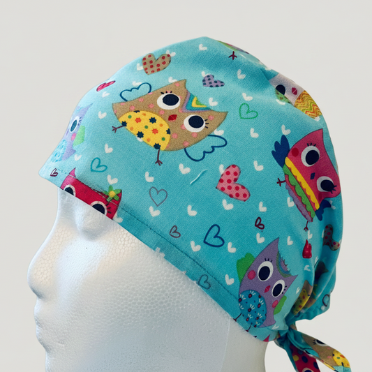 Scrub Cap Colorful Owl Print Surgical Hat | Handmade OR Cap for Nurses, Surgeons & Healthcare Professionals | Adjustable Unisex Scrub Cap | Satin Lining Option