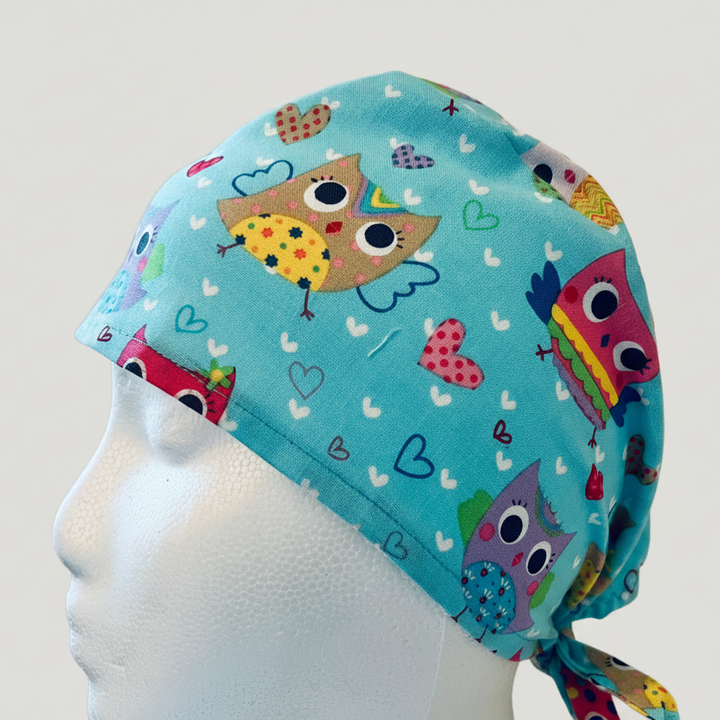 Scrub Cap Colorful Owl Print Surgical Hat | Handmade OR Cap for Nurses, Surgeons &amp; Healthcare Professionals | Adjustable Unisex Scrub Cap | Satin Lining Option