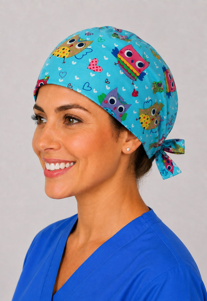 Three-quarter view of teal owl print unisex adjustable surgical hat for nurses, surgical techs and vet techs