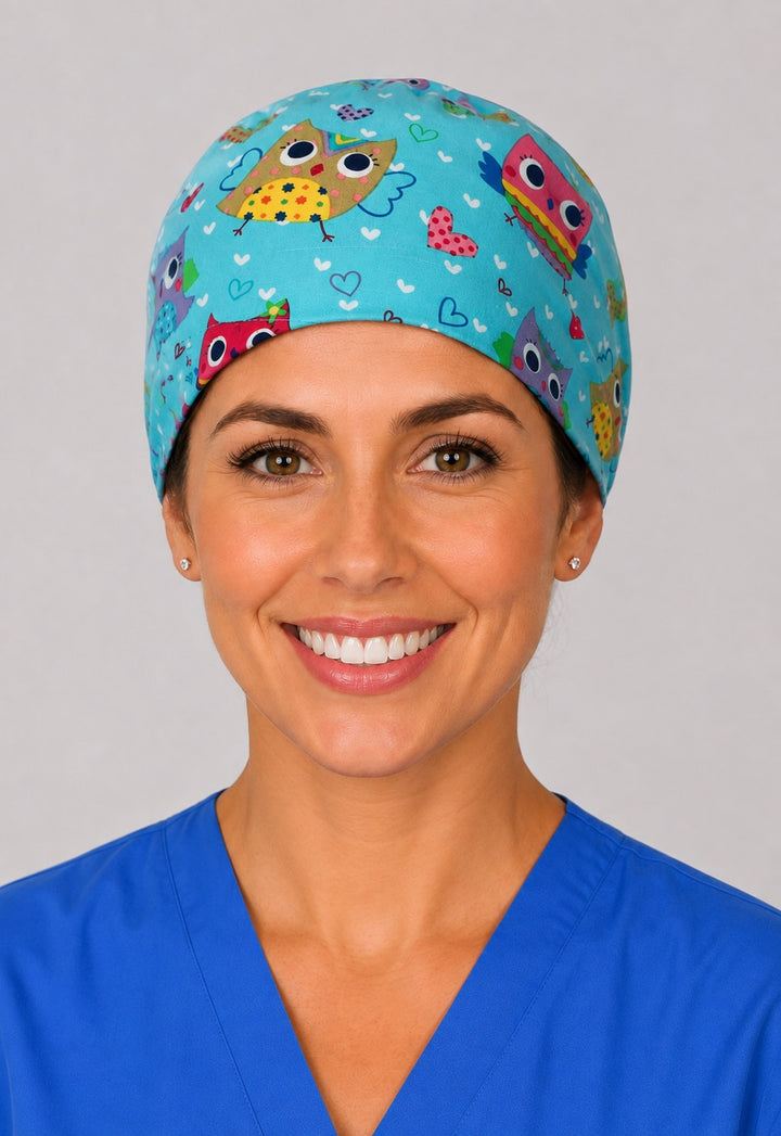 Back view of adjustable tie-back knot on teal colorful owl unisex surgical hat