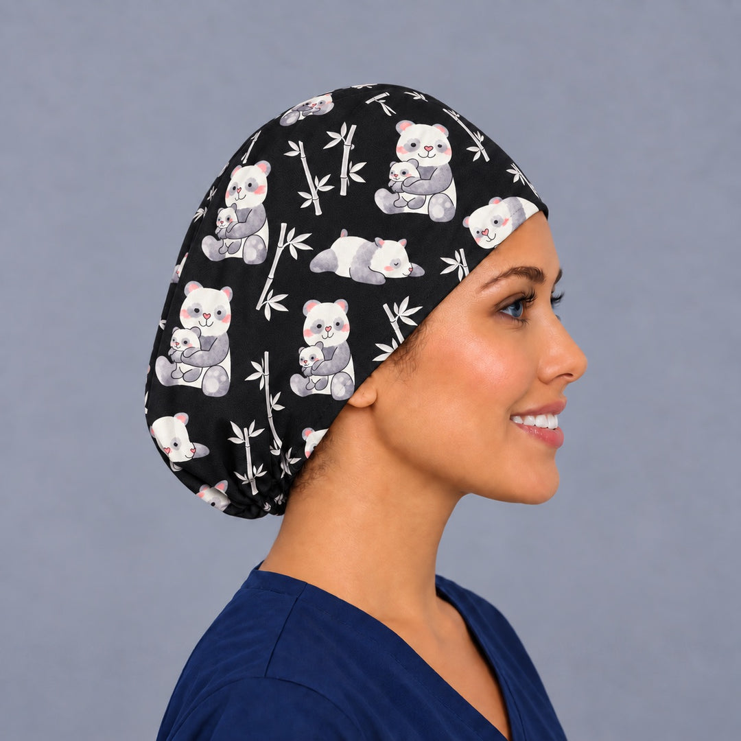 Panda bamboo Euro cap, right side profile — handmade black panda print surgical cap, USA made