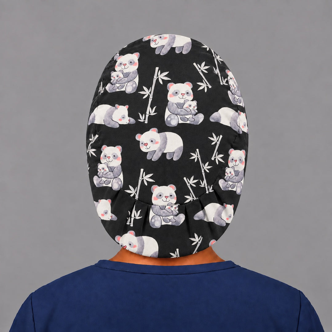 Back view of the panda Euro scrub cap — elastic gathered back showing pandas and bamboo across the black crown