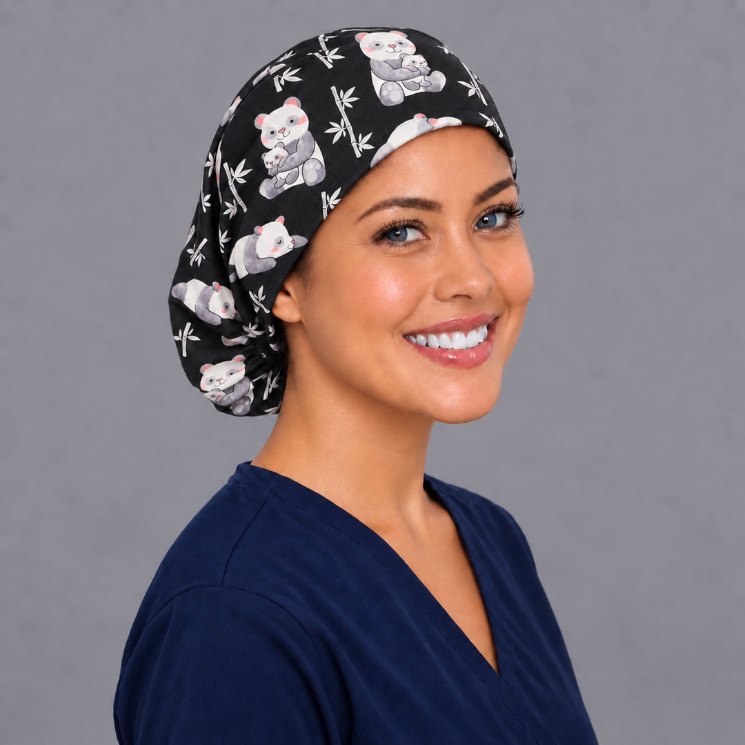Panda print Euro surgical cap, right angled view — elastic adjustable back that secures long or thick hair