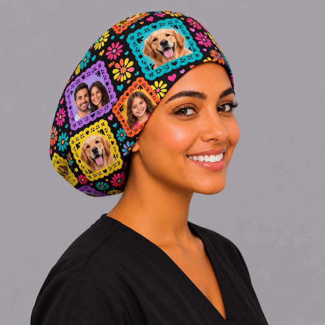 Personalized papel picado Euro surgical hat with family photos, handmade Mexican scrub cap for women