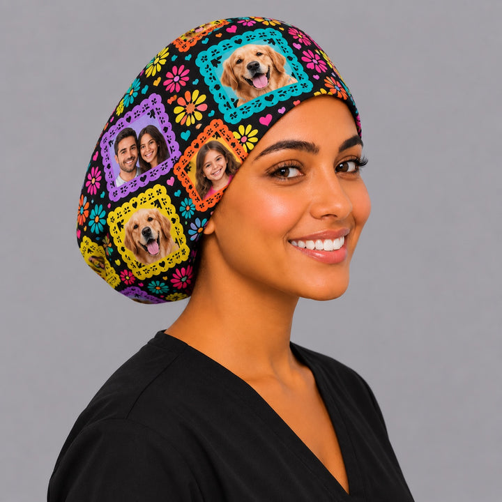 Personalized papel picado Euro surgical hat with family photos, handmade Mexican scrub cap for women