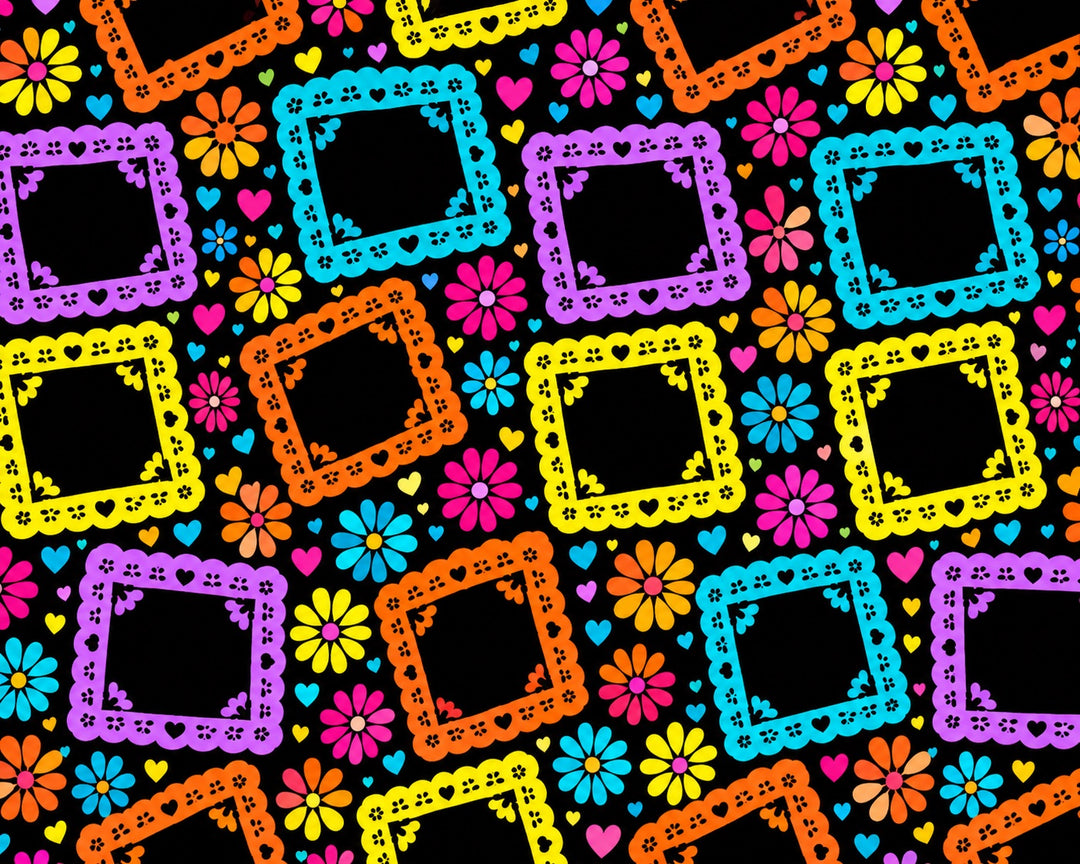 Blank papel picado frame print in pink, turquoise, orange, yellow and purple for custom photo scrub caps