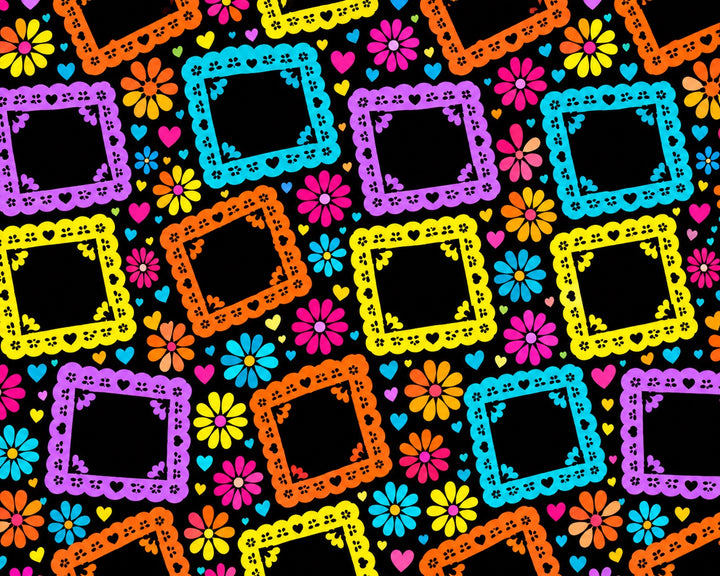 Blank papel picado frame print in pink, turquoise, orange, yellow and purple for custom photo scrub caps