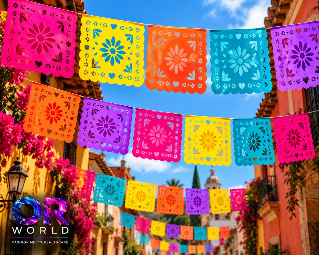 Colorful papel picado banners over a Mexican street, the inspiration behind OR World custom photo Mexican scrub caps