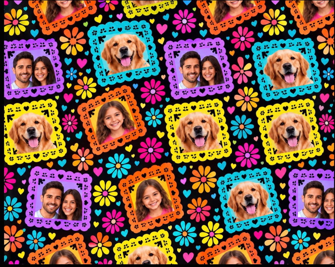 Close-up of the papel picado photo frame print, with lace-edged frames in violet, turquoise, yellow and orange among neon daisies on black