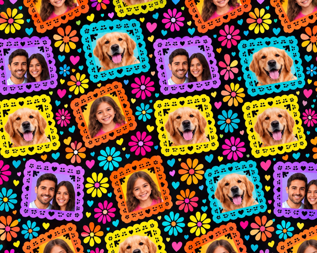 Papel picado photo print fabric for custom Mexican scrub caps with family and pet photos