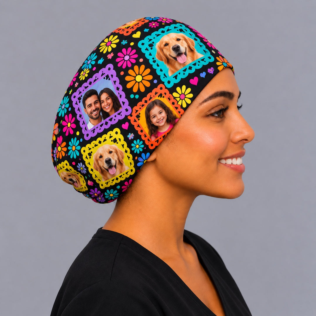 Side view of a papel picado scrub cap with pet and family photos, adjustable elastic Euro fit