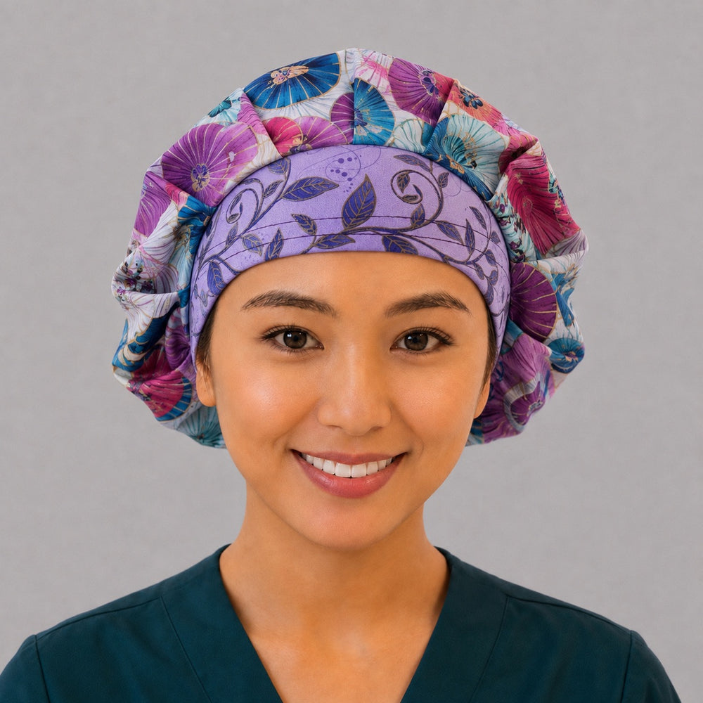 Woman wearing a parasol floral bouffant scrub cap, front view — pink, purple and blue parasols with a lavender leaf band, adjustable women's surgical hat