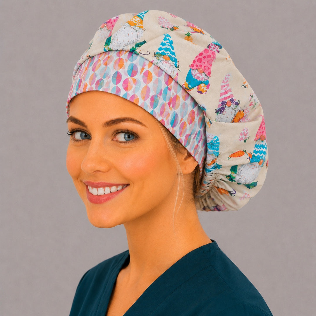 Pastel gnome bouffant surgical cap for women, three-quarter view — spring Easter print bouffant scrub hat, breathable cotton