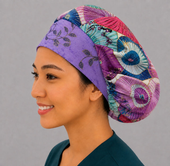 Left side profile of the pastel parasol bouffant surgical hat — gold-outlined umbrella print, roomy breathable cotton cap for nurses