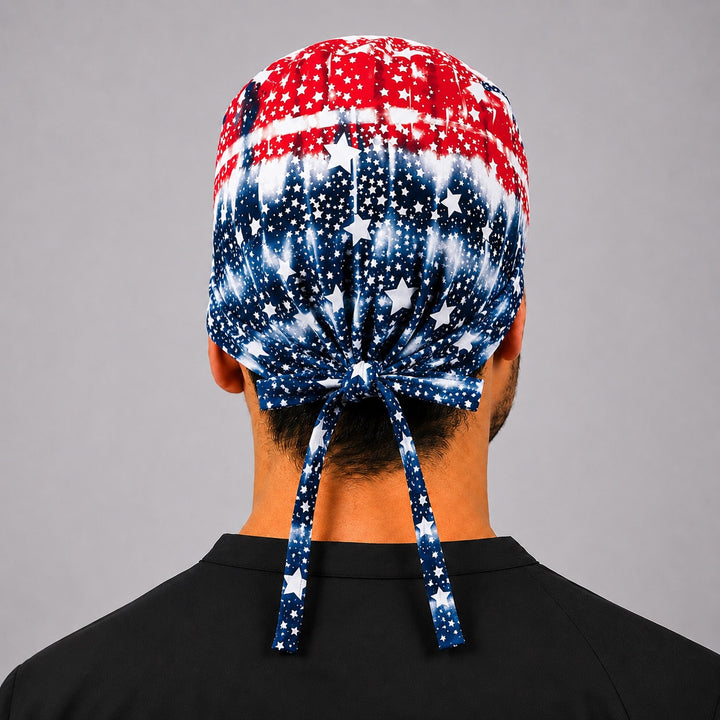 Back view of adjustable tie-back knot on patriotic American flag stars scrub cap surgical hat for men