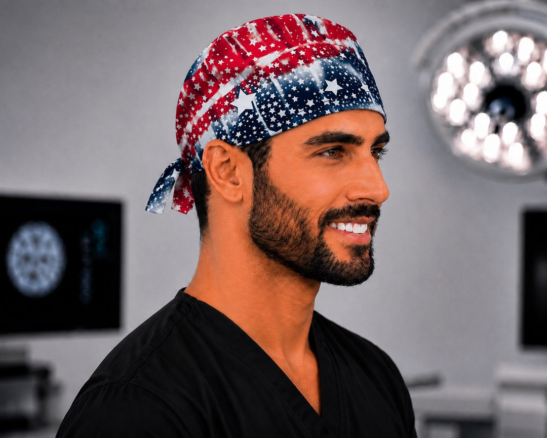 Patriotic tie-dye American flag scrub cap in red white and blue stars, handmade men&