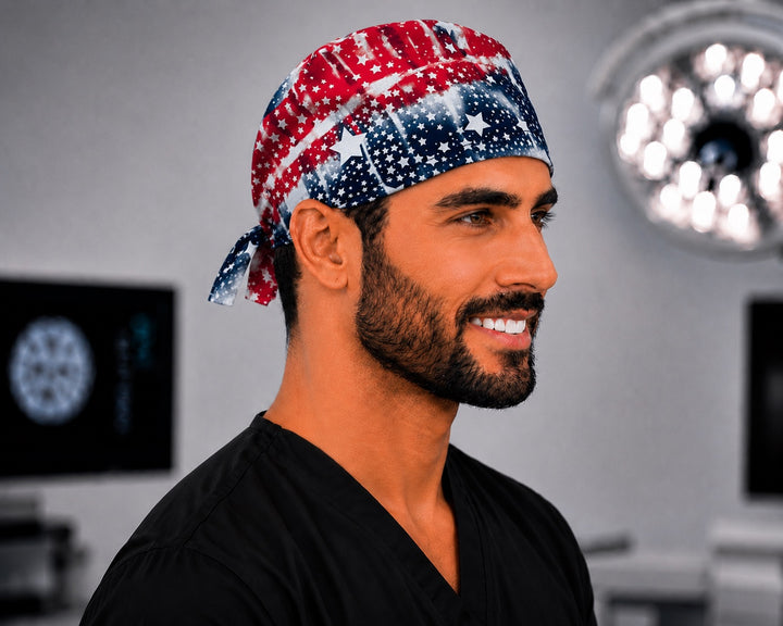 Patriotic tie-dye American flag scrub cap in red white and blue stars, handmade men&