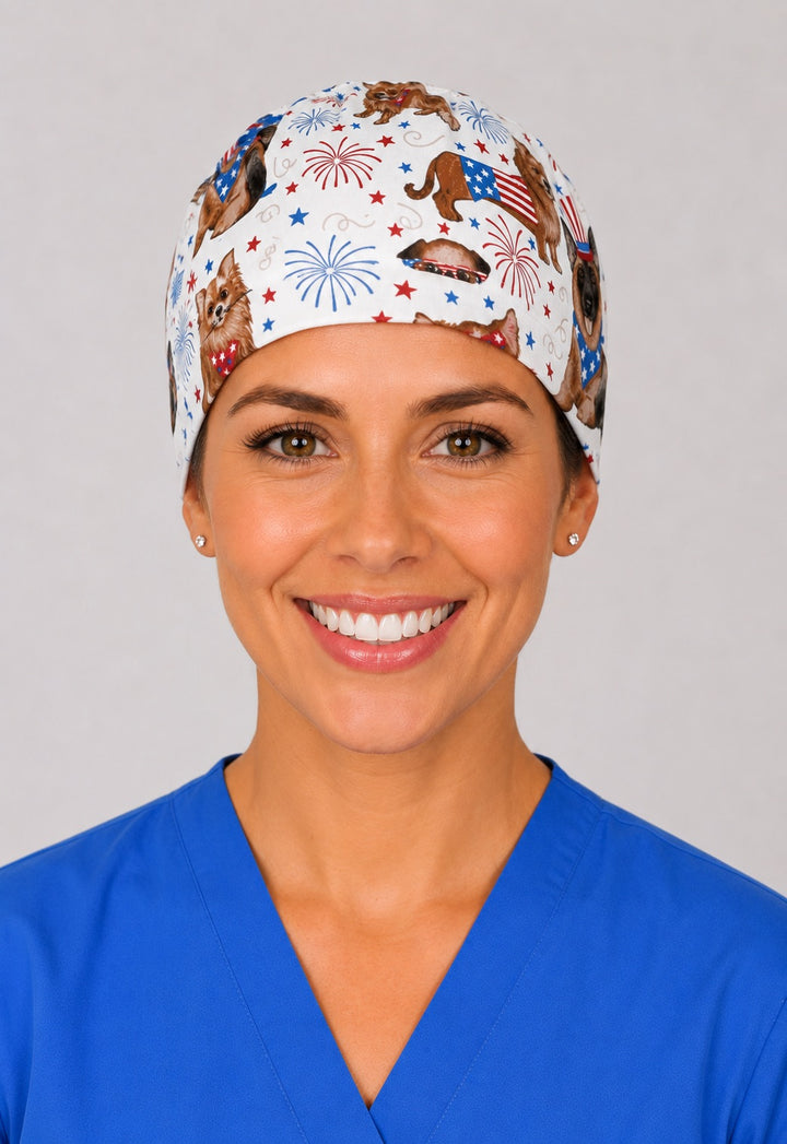 Patriotic dog scrub cap for short hair, handmade USA flag puppy tie-back surgical hat on OR nurse, front view