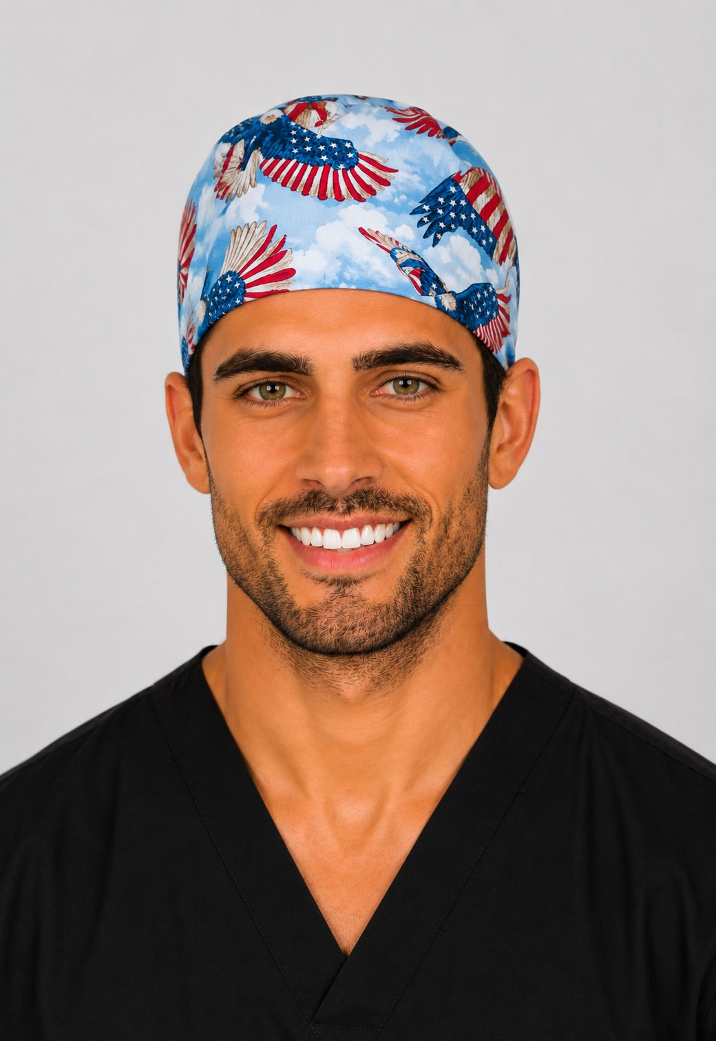 Patriotic eagle scrub cap with American flag bald eagles on blue sky, handmade men&